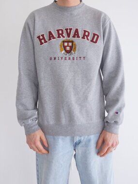 Champion Grey Harvard Crest Embroidered College Sweatshirt Mens Logo Patch M